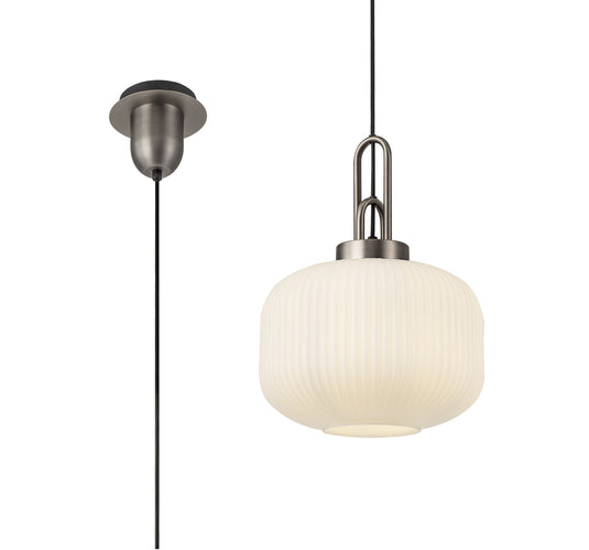 C-Lighting Chisel 1 Light Pendant E27 30cm Round Ribbed Glass, Opal Antique Silver/Black - 33428