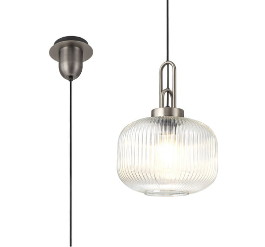 C-Lighting Chisel 1 Light Pendant E27 30cm Round Ribbed Glass, Clear Antique Silver/Black - 33429