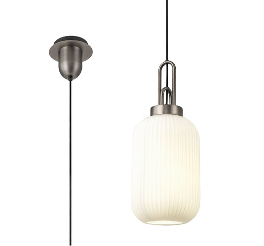 C-Lighting Chisel 1 Light Pendant E27 20cm Tubular Ribbed Glass, Opal Antique Silver/Black - 33431