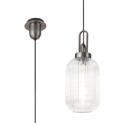 C-Lighting Chisel 1 Light Pendant E27 20cm Tubular Ribbed Glass, Clear Antique Silver/Black - 33432