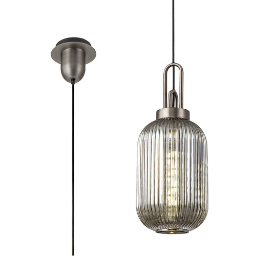 C-Lighting Chisel 1 Light Pendant E27 20cm Tubular Ribbed Glass, Smoked Antique Silver/Black - 33433