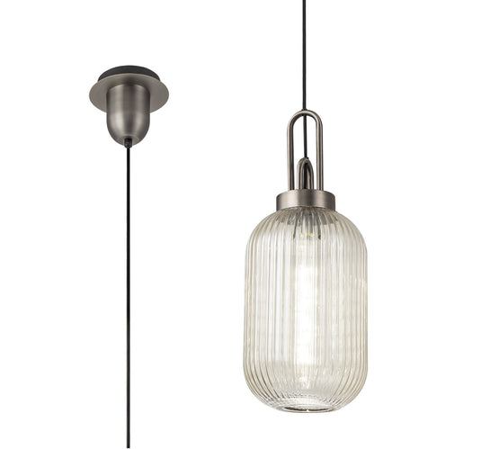 C-Lighting Chisel 1 Light Pendant E27 20cm Tubular Ribbed Glass, Champagne Antique Silver/Black - 33434