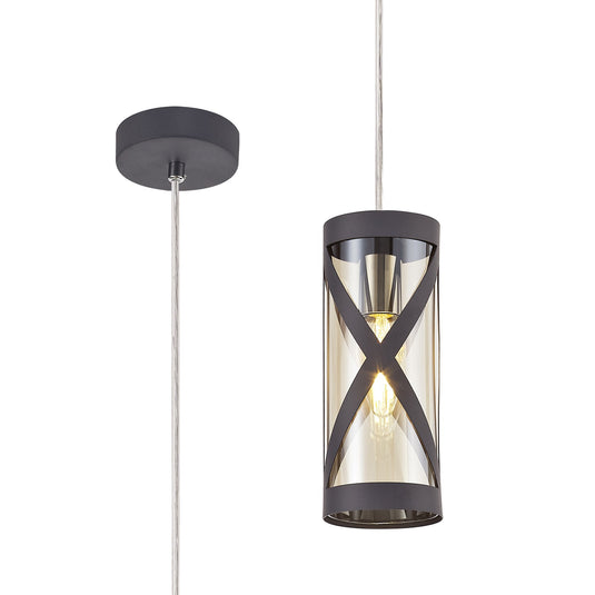 C-Lighting Daniel 1 Light Pendant E14, Matt Grey/Polished Chrome/Cognac - 29348