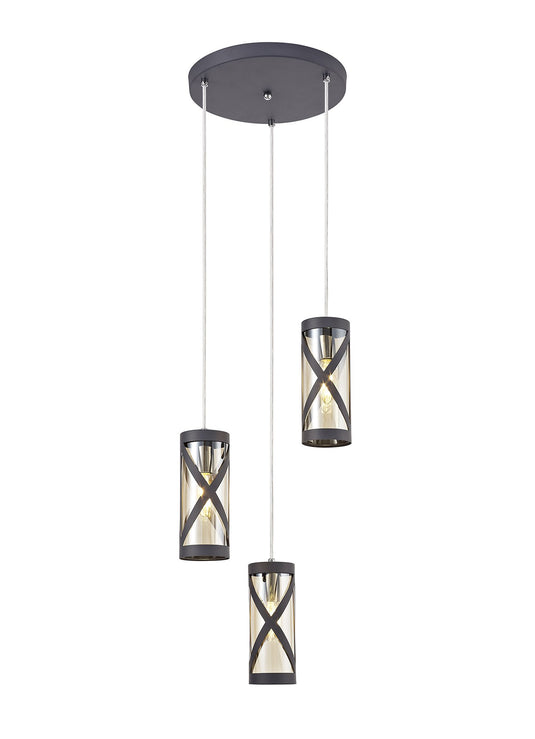 C-Lighting Daniel 3 Light Round Pendant E14, Matt Grey/Polished Chrome/Cognac - 29350