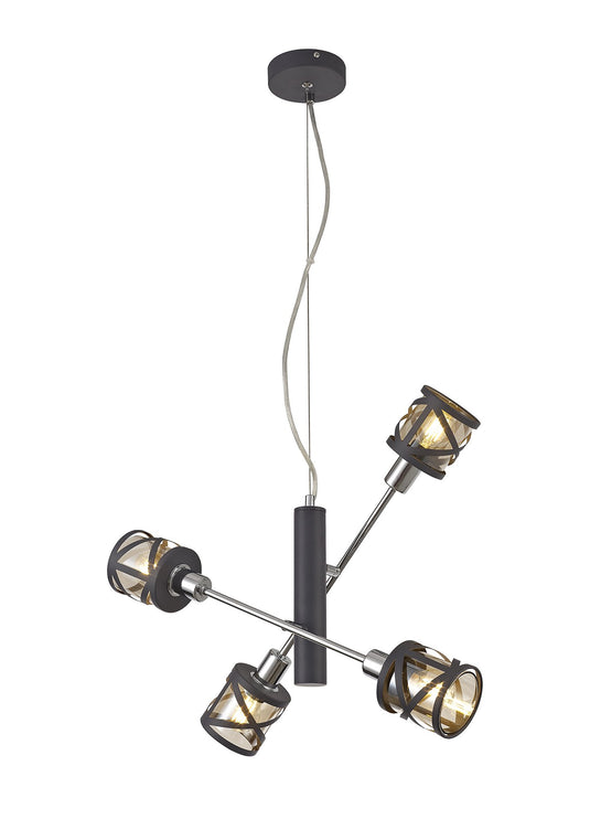 C-Lighting Daniel 4 Light Adjustable Pendant E14, Matt Grey/Polished Chrome/Cognac - 29351