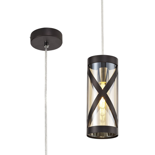 C-Lighting Daniel 1 Light Pendant E14, Oiled Bronze/Polished Chrome/Amber - 29380