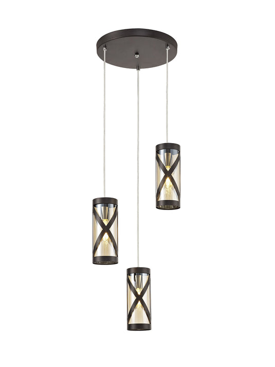 C-Lighting Daniel 3 Light Round Pendant E14, Oiled Bronze/Polished Chrome/Amber - 29382