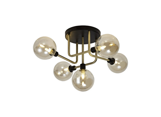 C-Lighting Ditto Flush Ceiling, 5 Light G9, Matt Black/Antique Brass/Cognac Glass - 29160