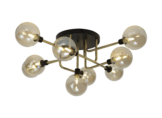 C-Lighting Ditto Flush Ceiling, 9 Light G9, Matt Black/Antique Brass/Cognac Glass - 29161