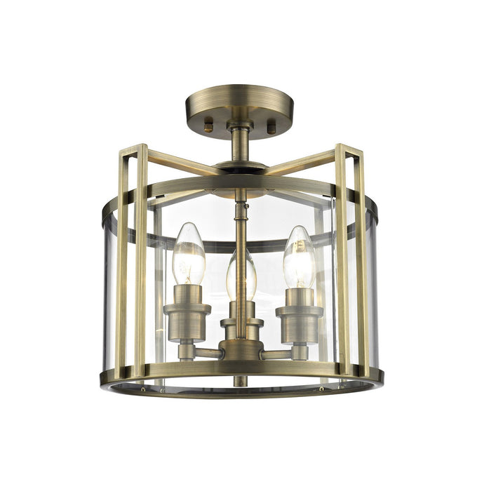 Diyas IL31090 Eaton Semi Ceiling 3 Light Antique Brass/Glass - 38265