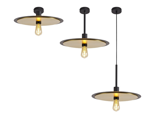 C-Lighting Enterprise Single 3 In1 Ceiling Flush, Semi-Fush & Pendant Light, 1 Light Adjustable E27, Black/Gold - 29034