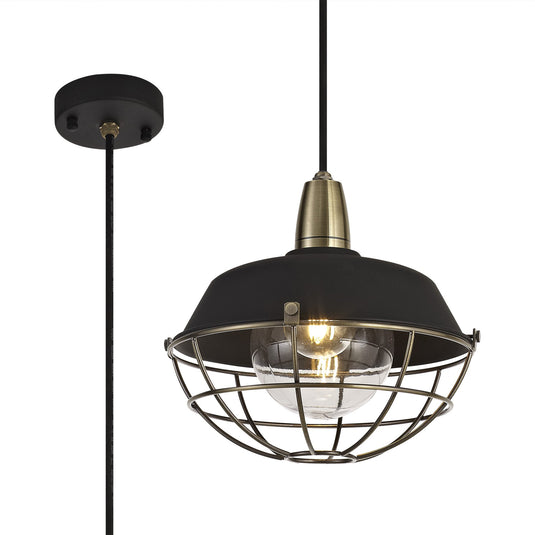 C-Lighting Fawkham Pendant, 1 Light E27, IP65, Matt Black/Antique Brass, 2yrs Warranty - 29279