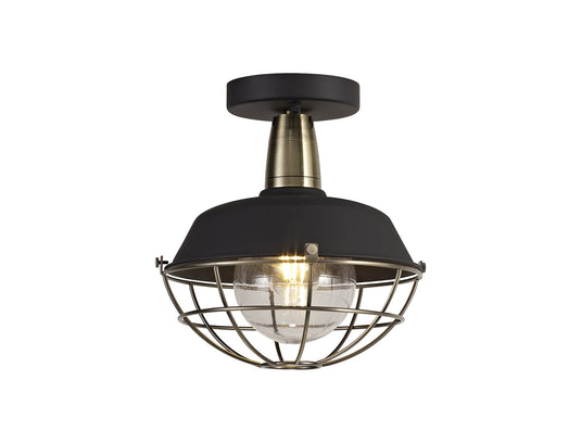 C-Lighting Fawkham Semi-Flush Ceiling, 1 Light E27, IP65, Matt Black/Antique Brass, 2yrs Warranty - 29280