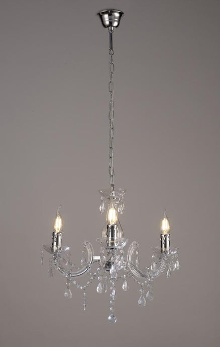 Deco D0416 Floria Chandelier With Acrylic Sconce & Acrylic Crystal Droplets 3 Light E14 Polished Chrome Finish