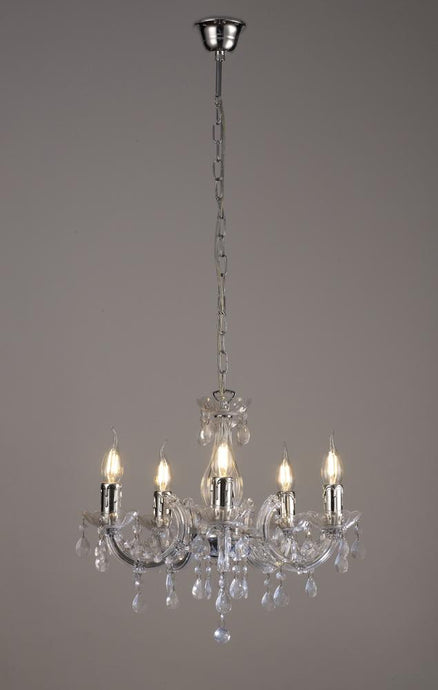 Deco D0417 Floria Chandelier With Acrylic Sconce & Acrylic Droplets 5 Light E14 Polished Chrome Finish