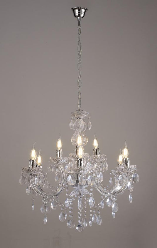 Deco D0418 Floria Chandelier With Acrylic Sconce & Acrylic Droplets 6+3 Light E14 Polished Chrome Finish