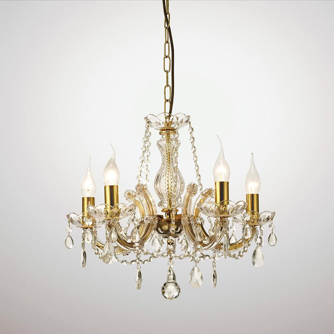 Deco D0021 Gabrielle Chandelier With Glass Sconce & Glass Crystal Droplets 5 Light E14 Polished Brass Finish