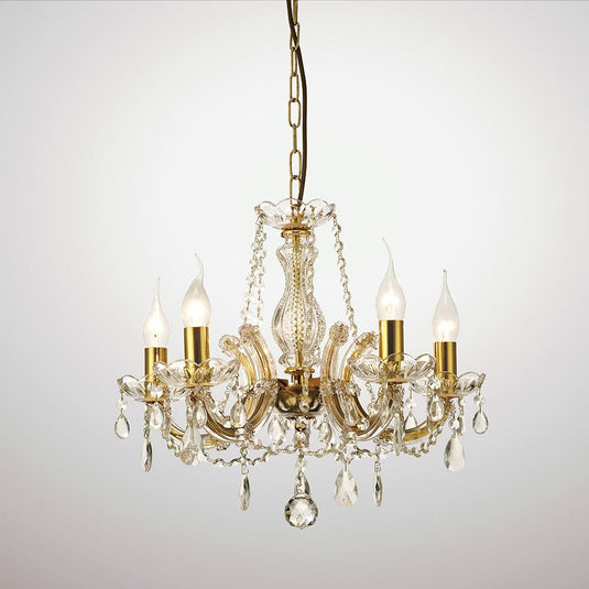 Deco D0021 Gabrielle Chandelier With Glass Sconce & Glass Crystal Droplets 5 Light E14 Polished Brass Finish