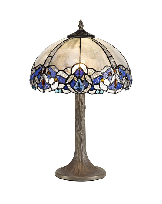 C-Lighting Hadlow 1 Light Tree Like Table Lamp E27 With 30cm Tiffany Shade, Blue/Clear Crystal/Aged Antique Brass - 29544