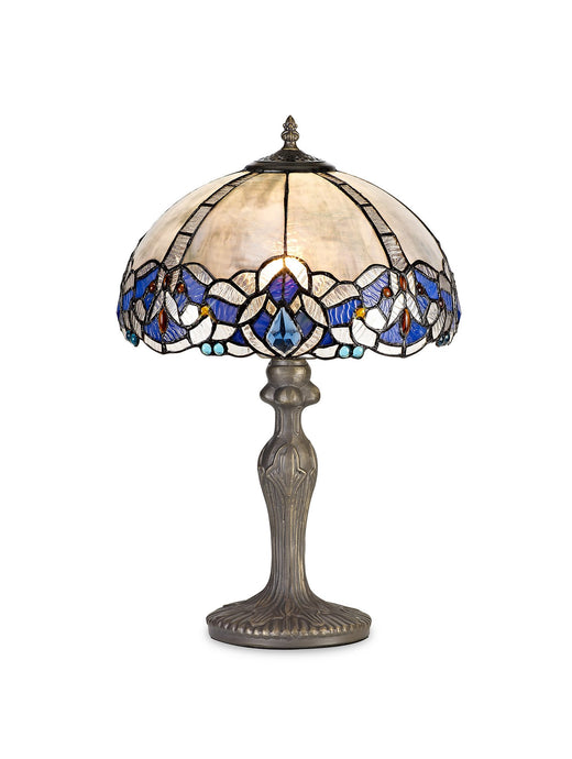 C-Lighting Hadlow 1 Light Curved Table Lamp E27 With 30cm Tiffany Shade, Blue/Clear Crystal/Aged Antique Brass - 29545