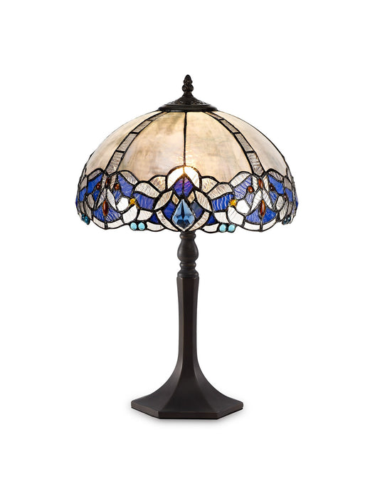 C-Lighting Hadlow 1 Light Octagonal Table Lamp E27 With 30cm Tiffany Shade, Blue/Clear Crystal/Aged Antique Brass - 29546