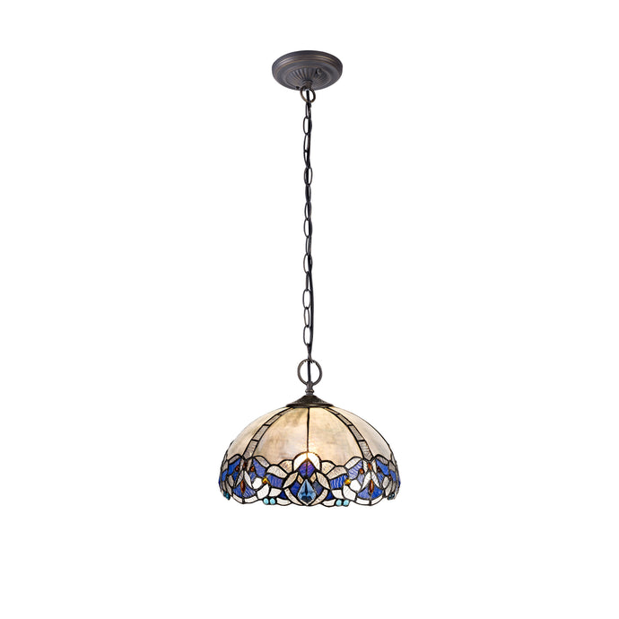 C-Lighting Hadlow 2 Light Downlight Pendant E27 With 30cm Tiffany Shade, Blue/Clear Crystal/Aged Antique Brass - 29548