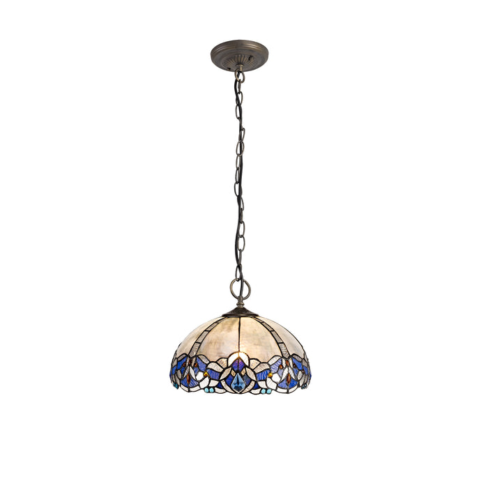 C-Lighting Hadlow 3 Light Downlight Pendant E27 With 30cm Tiffany Shade, Blue/Clear Crystal/Aged Antique Brass - 29549