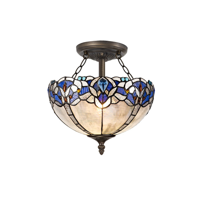 C-Lighting Hadlow 2 Light Semi Ceiling E27 With 30cm Tiffany Shade, Blue/Clear Crystal/Aged Antique Brass - 29550