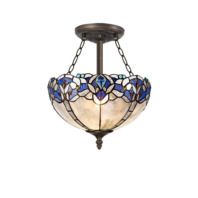 C-Lighting Hadlow 3 Light Semi Ceiling E27 With 30cm Tiffany Shade, Blue/Clear Crystal/Aged Antique Brass - 29551