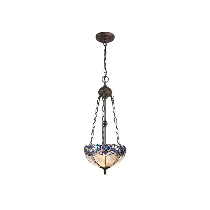 C-Lighting Hadlow 2 Light Uplighter Pendant E27 With 30cm Tiffany Shade, Blue/Clear Crystal/Aged Antique Brass - 29552