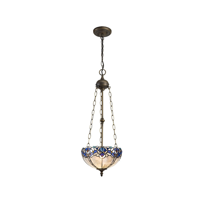 C-Lighting Hadlow 3 Light Uplighter Pendant E27 With 30cm Tiffany Shade, Blue/Clear Crystal/Aged Antique Brass - 29553
