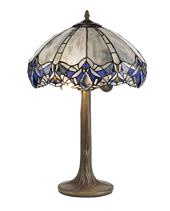 C-Lighting Hadlow 2 Light Tree Like Table Lamp E27 With 40cm Tiffany Shade, Blue/Clear Crystal/Aged Antique Brass - 29554