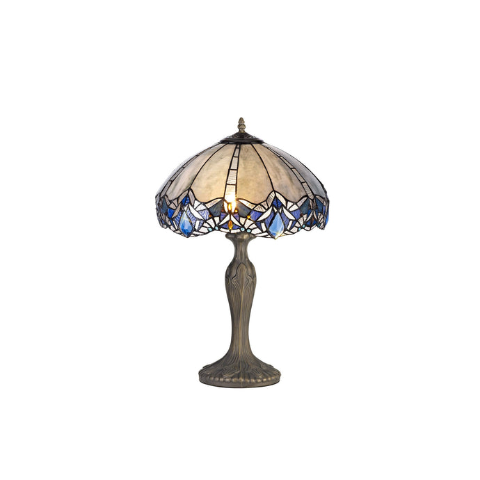 C-Lighting Hadlow 2 Light Curved Table Lamp E27 With 40cm Tiffany Shade, Blue/Clear Crystal/Aged Antique Brass - 29555