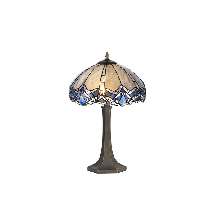 C-Lighting Hadlow 2 Light Octagonal Table Lamp E27 With 40cm Tiffany Shade, Blue/Clear Crystal/Aged Antique Brass - 29556