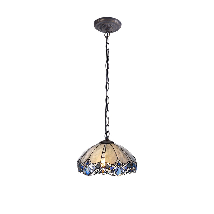 C-Lighting Hadlow 1 Light Downlight Pendant E27 With 40cm Tiffany Shade, Blue/Clear Crystal/Aged Antique Brass - 29557