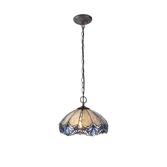 C-Lighting Hadlow 2 Light Downlight Pendant E27 With 40cm Tiffany Shade, Blue/Clear Crystal/Aged Antique Brass - 29558