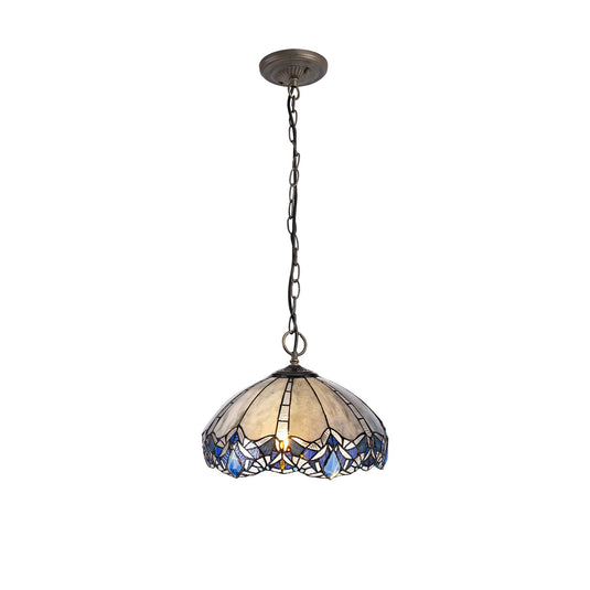 C-Lighting Hadlow 3 Light Downlight Pendant E27 With 40cm Tiffany Shade, Blue/Clear Crystal/Aged Antique Brass - 29559