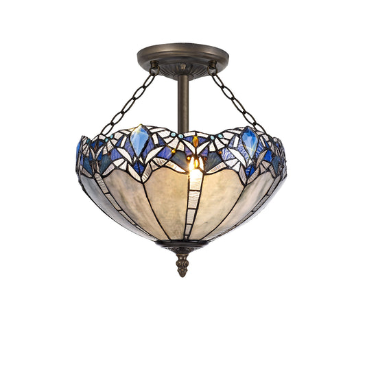 C-Lighting Hadlow 3 Light Semi Ceiling E27 With 40cm Tiffany Shade, Blue/Clear Crystal/Aged Antique Brass - 29560