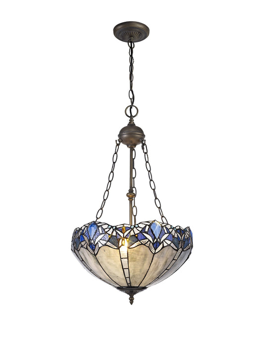 C-Lighting Hadlow 2 Light Uplighter Pendant E27 With 40cm Tiffany Shade, Blue/Clear Crystal/Aged Antique Brass - 29561