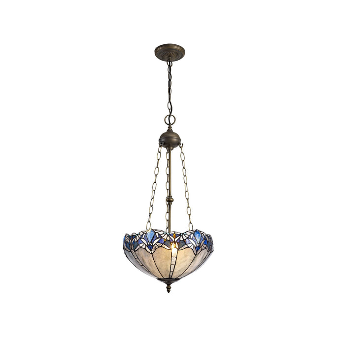 C-Lighting Hadlow 3 Light Uplighter Pendant E27 With 40cm Tiffany Shade, Blue/Clear Crystal/Aged Antique Brass - 29562