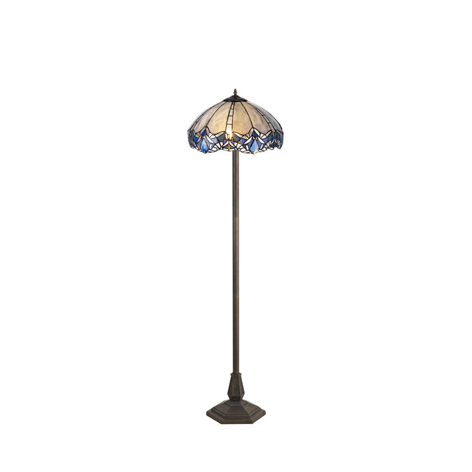 C-Lighting Hadlow 2 Light Octagonal Floor Lamp E27 With 40cm Tiffany Shade, Blue/Clear Crystal/Aged Antique Brass - 29563