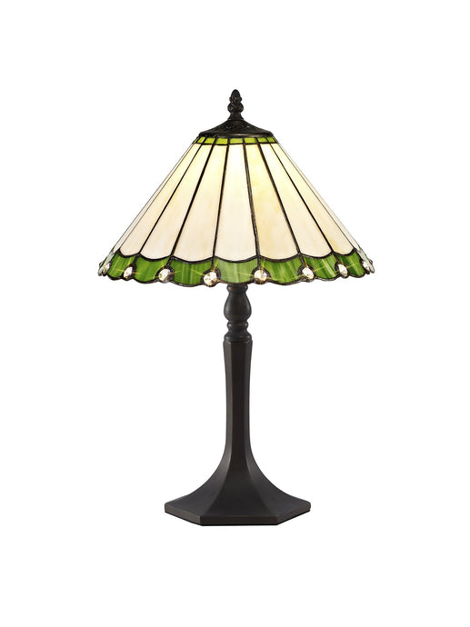 C-Lighting Heath 1 Light Octagonal Table Lamp E27 With 30cm Tiffany Shade, Green/Cmurston/Crystal/Aged Antique Brass - 29642