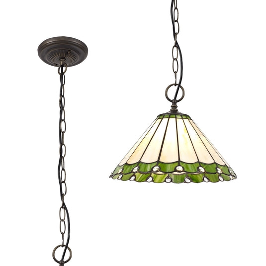 C-Lighting Heath 1 Light Downlighter Pendant E27 With 30cm Tiffany Shade, Green/Cmurston/Crystal/Aged Antique Brass - 29643