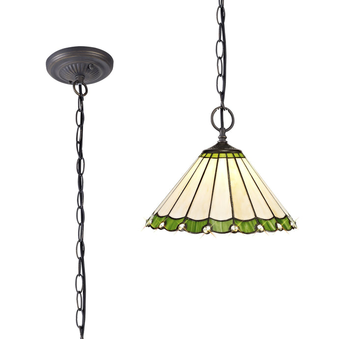 C-Lighting Heath 2 Light Downlighter Pendant E27 With 30cm Tiffany Shade, Green/Cmurston/Crystal/Aged Antique Brass - 29644