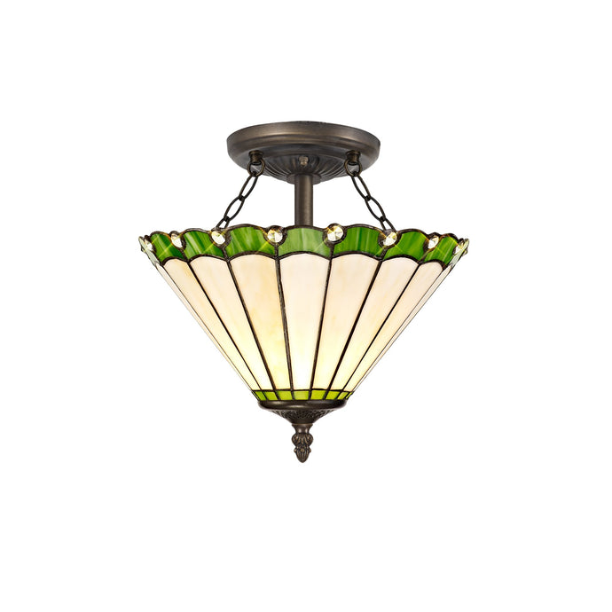 C-Lighting Heath 2 Light Semi Ceiling E27 With 30cm Tiffany Shade, Green/Cmurston/Crystal/Aged Antique Brass - 29646