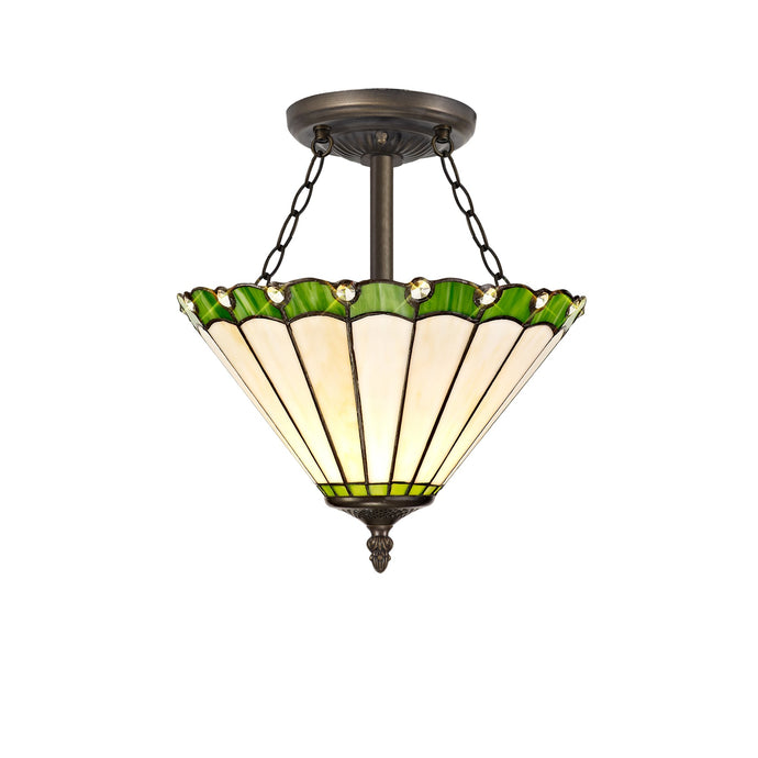 C-Lighting Heath 3 Light Semi Ceiling E27 With 30cm Tiffany Shade, Green/Cmurston/Crystal/Aged Antique Brass - 29647
