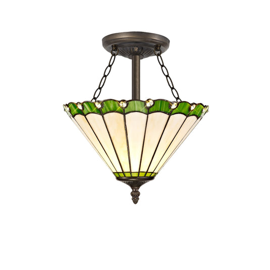 C-Lighting Heath 3 Light Semi Ceiling E27 With 30cm Tiffany Shade, Green/Cmurston/Crystal/Aged Antique Brass - 29647