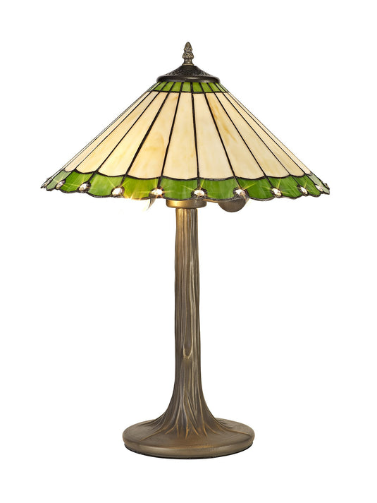 C-Lighting Heath 2 Light Tree Like Table Lamp E27 With 40cm Tiffany Shade, Green/Cmurston/Crystal/Aged Antique Brass - 29650