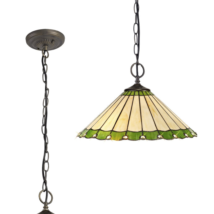 C-Lighting Heath 2 Light Downlighter Pendant E27 With 40cm Tiffany Shade, Green/Cmurston/Crystal/Aged Antique Brass - 29654