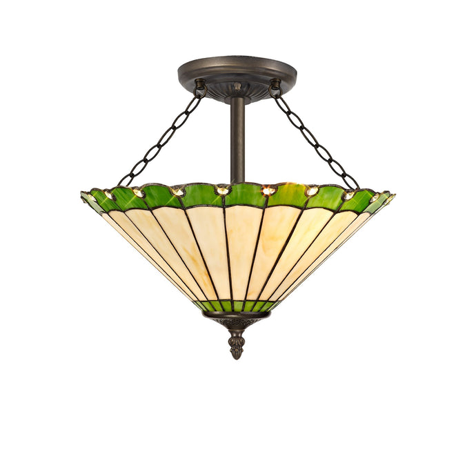 C-Lighting Heath 3 Light Semi Ceiling E27 With 40cm Tiffany Shade, Green/Cmurston/Crystal/Aged Antique Brass - 29656
